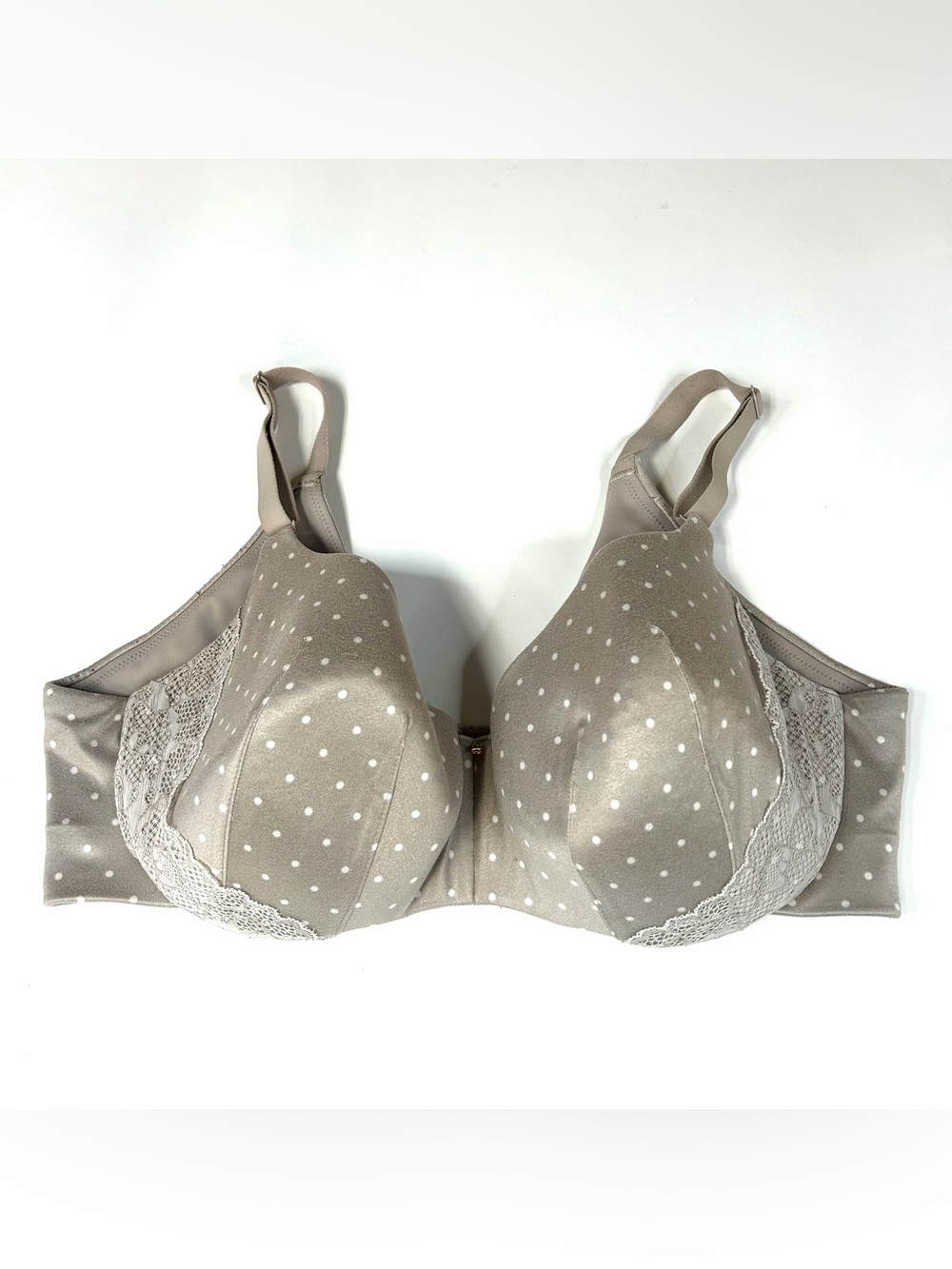 Cacique 40DD Lightly Lined Balconette Bra Beige White Polkadots Underwire #4169